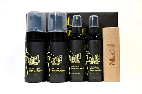 Next Level Hat Care cleaning products and brush set.