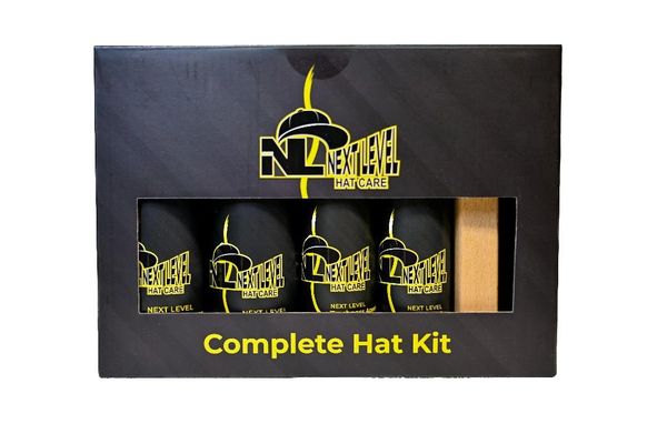 Next Level Hat Care complete hat cleaning kit in black and yellow packaging.