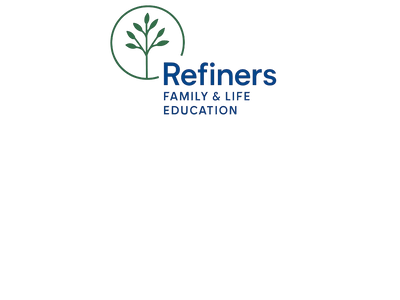 Logo of Refiners Family & Life Education with a green tree symbol and blue text.