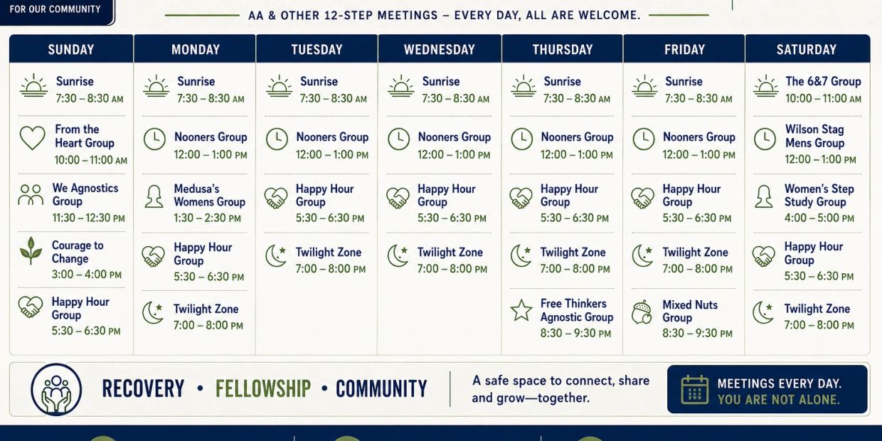 Weekly AA & 12-step meeting schedule with daily sessions and diverse groups.