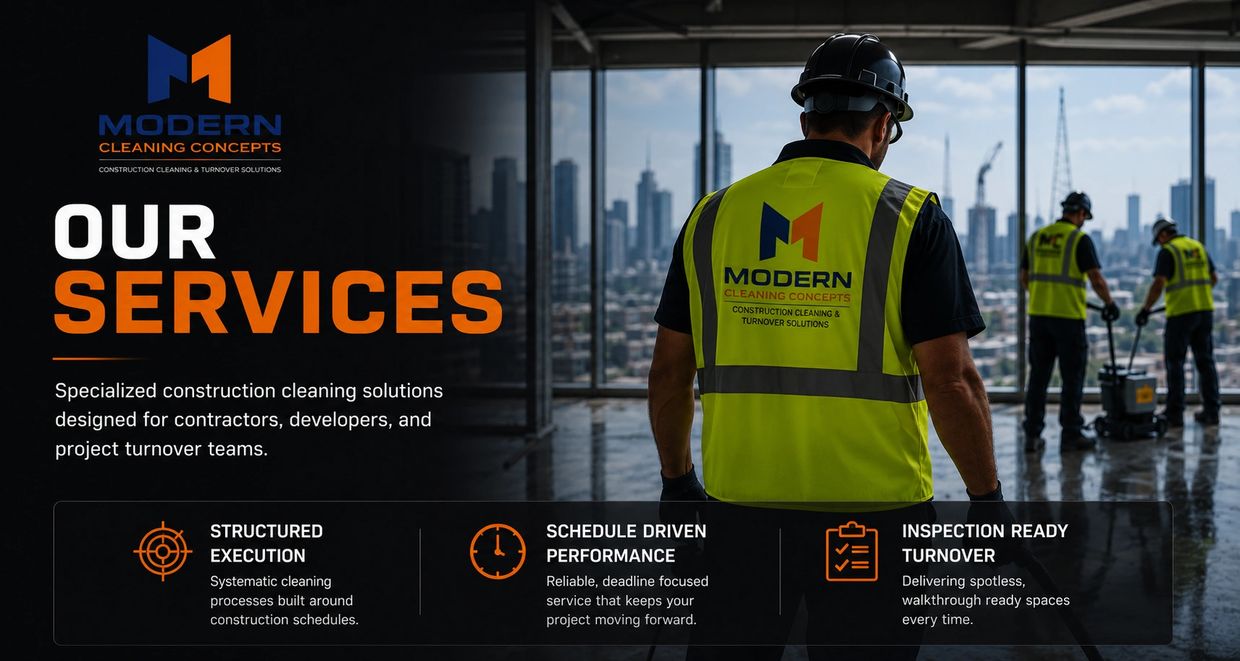 Construction workers in safety vests showcasing Modern Cleaning Concepts' specialized cleaning services.