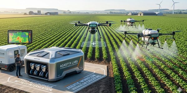 Autonomous drones spraying crops in a vast agricultural field with monitoring system.