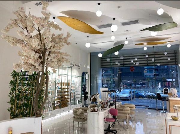 Modern salon interior with decorative plants and hanging leaf lights.