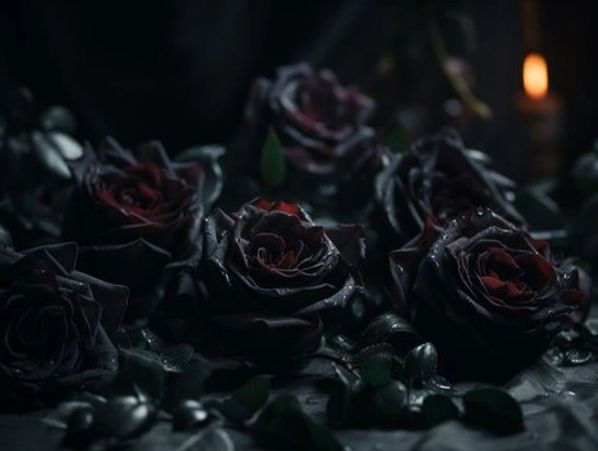 Close-up of dark black roses with deep red tones arranged in a moody display.