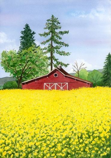 Diane Pope painting - A red barn sits in a field of blooming spring mustard
