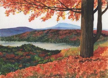 Diane Pope painting: Fall landscape with orange, red and green. Hills in the background and a Tree i