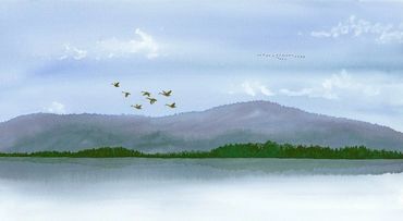 Diane Pope painting - a group on geese fly over the water with hills in the distance