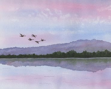 Diane Pope painting - geese fly over a lake in blue tones