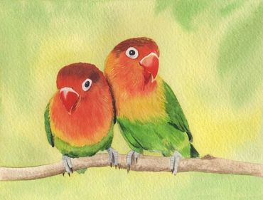 Diane Pope painting - Two colorful lovebirds cuddle up together