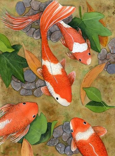 Diane Pope painting - four orange and white koi swim in a pebbled pond