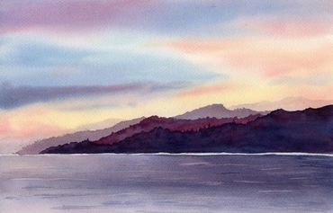 Diane Pope painting - a water vista with purple mountains silhouetted in thedistance