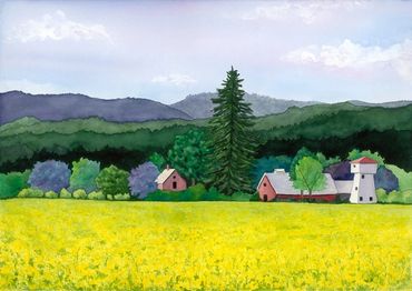 Diane Pope painting - a small Napa farm sits in a field of blooming spring mustard