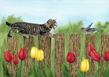 Diane Pope painting - A tabby cat and an angry bird have a standoff on an old picket fence
