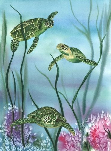 Diane Pope painting - three small sea turtles swim in the ocean