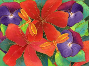 Diane Pope painting - two orange dragonflies land on  orange and purple tropical flowers