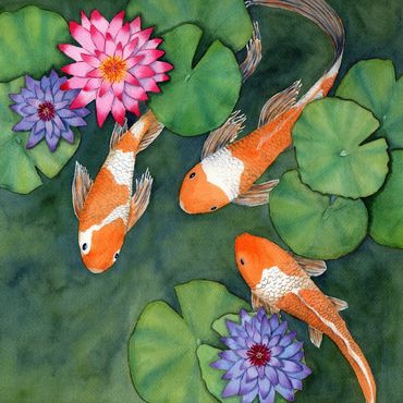 Diane Pope painting - three white and golden koi fish swim in a pond with colorful waterlilies