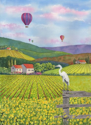 Diane Pope painting: Colorful landscape with mustard in the vineyards, hot air balloons and an egret
