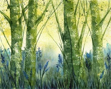 Diane Pope painting - a landscape of green trees and blue flowers