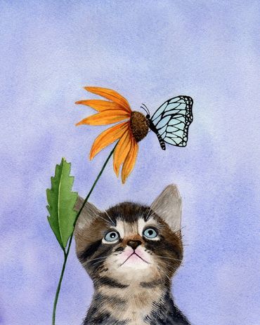 Diane Pope painting - a curious kitten watches a blue butterfly drinking from a yellow flower