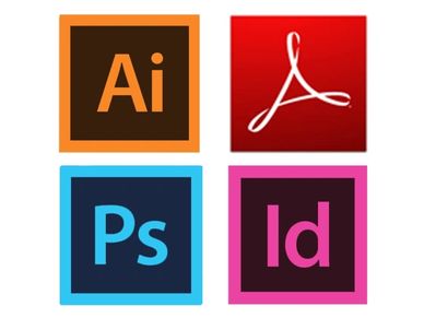 Custom graphic design icons: Adobe Creative Suite, including InDesign, Illustrator, and Photoshop.