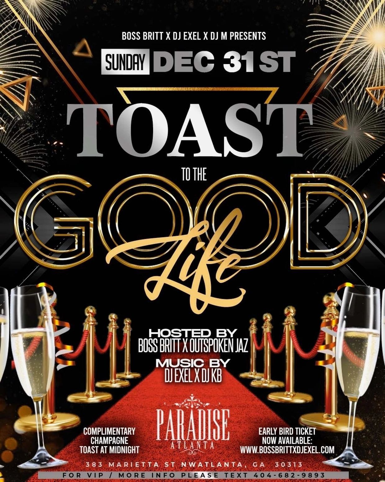 New Year's Eve party "Toast to the Good Life" at Paradise Atlanta with DJs and champagne.