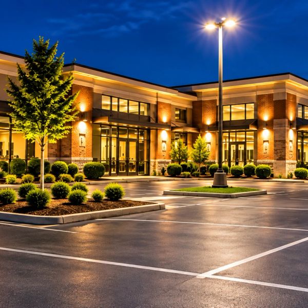 Well-lit empty parking lot at dusk in front of a commercial building.