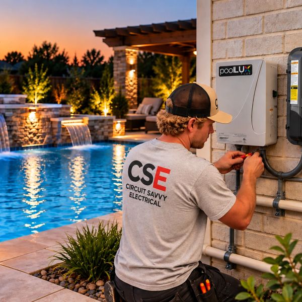 Electrician working by a pool at sunset.