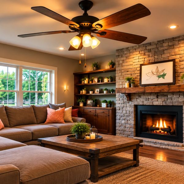 Cozy living room with fireplace and ceiling fan.