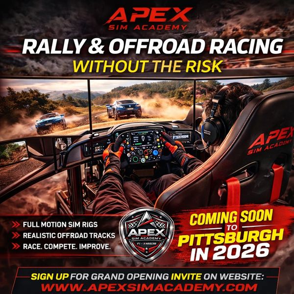 Apex Sim Academy offers realistic rally and offroad racing simulators, coming to Pittsburgh in 2026.