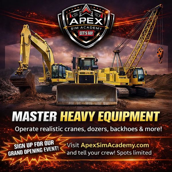 Promotional poster for Apex Sim Academy's heavy equipment training.