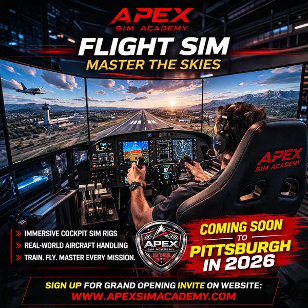 Apex Sim Academy flight sim training with immersive cockpit rigs, launching in Pittsburgh 2026.