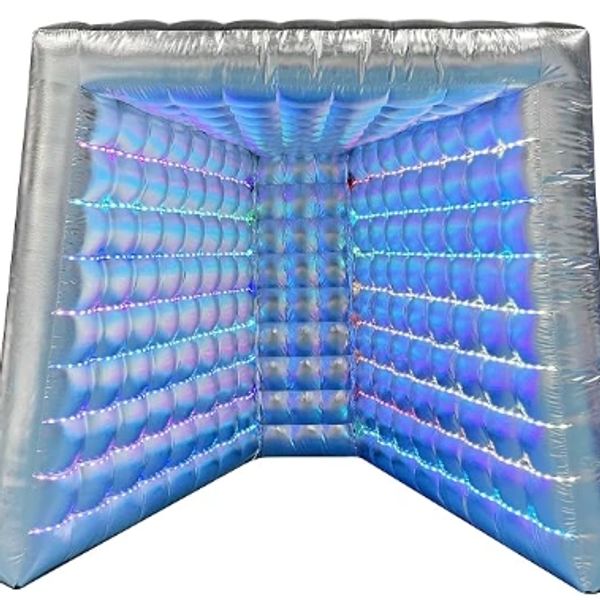 Inflatable LED light cube with silver and blue hues.
