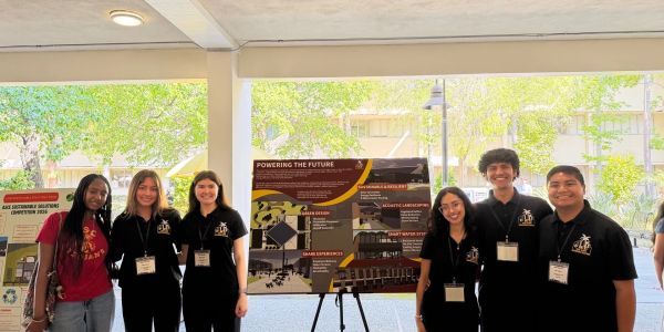 Group of six students presenting a project poster outdoors.