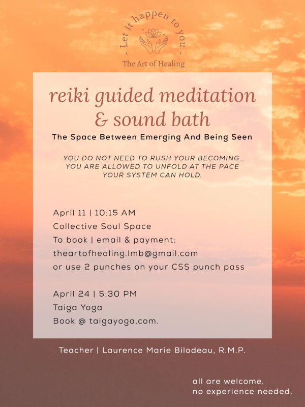 Reiki guided meditation & sound bath event details.
