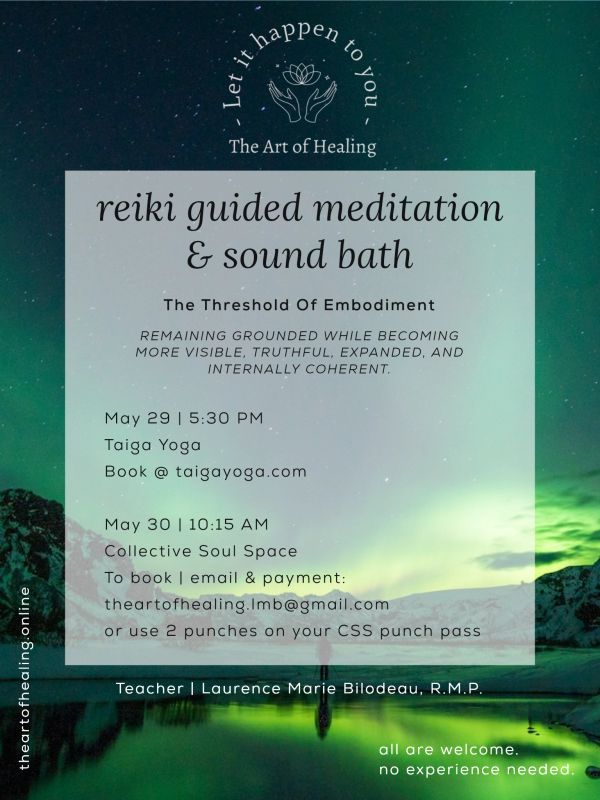 Reiki guided meditation and sound bath event details.