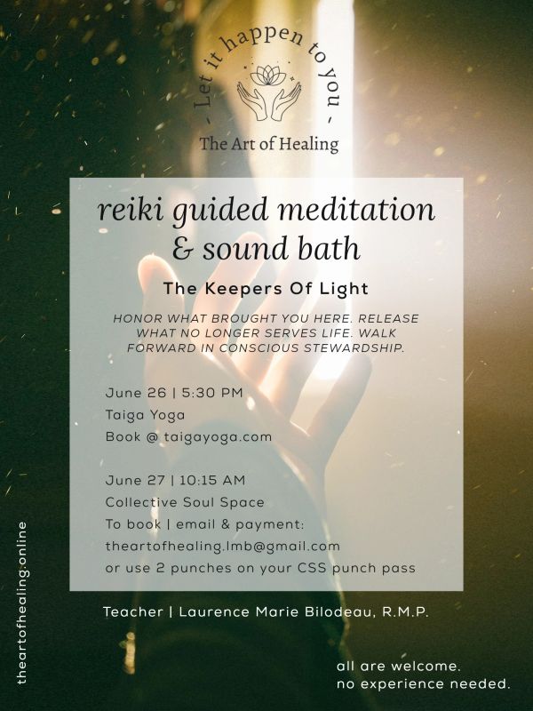 Reiki guided meditation and sound bath event poster with healing theme.
