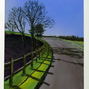 Painting of a curved road with trees and fence casting shadows on a sunny day.