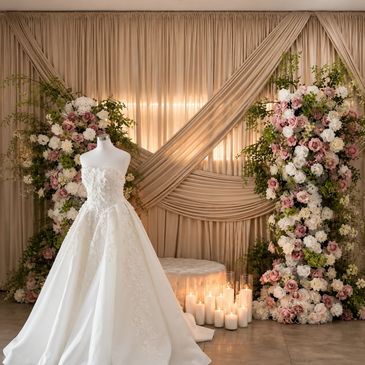Elegant wedding dress display with floral backdrop and candles.