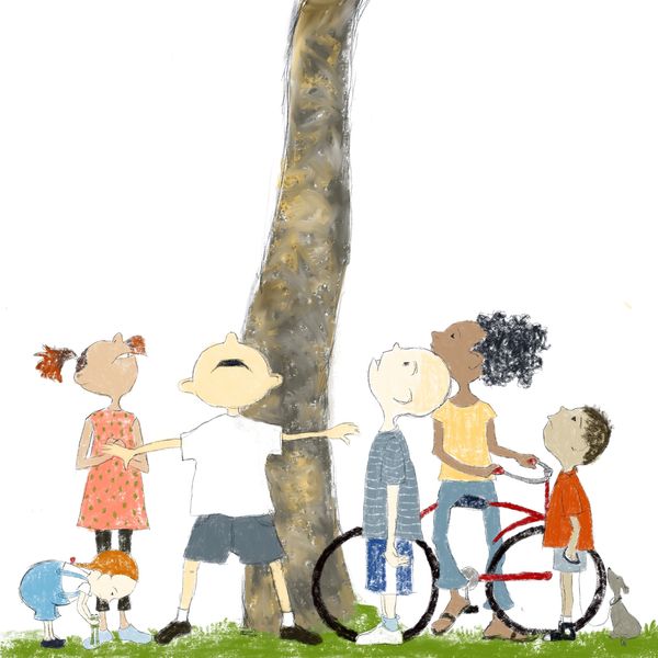A childrens book illustration of neighborhood kids looking up at a cat in a tree.