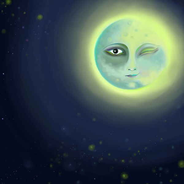 An illustration of a winking moon by artist Shauna Crandall.