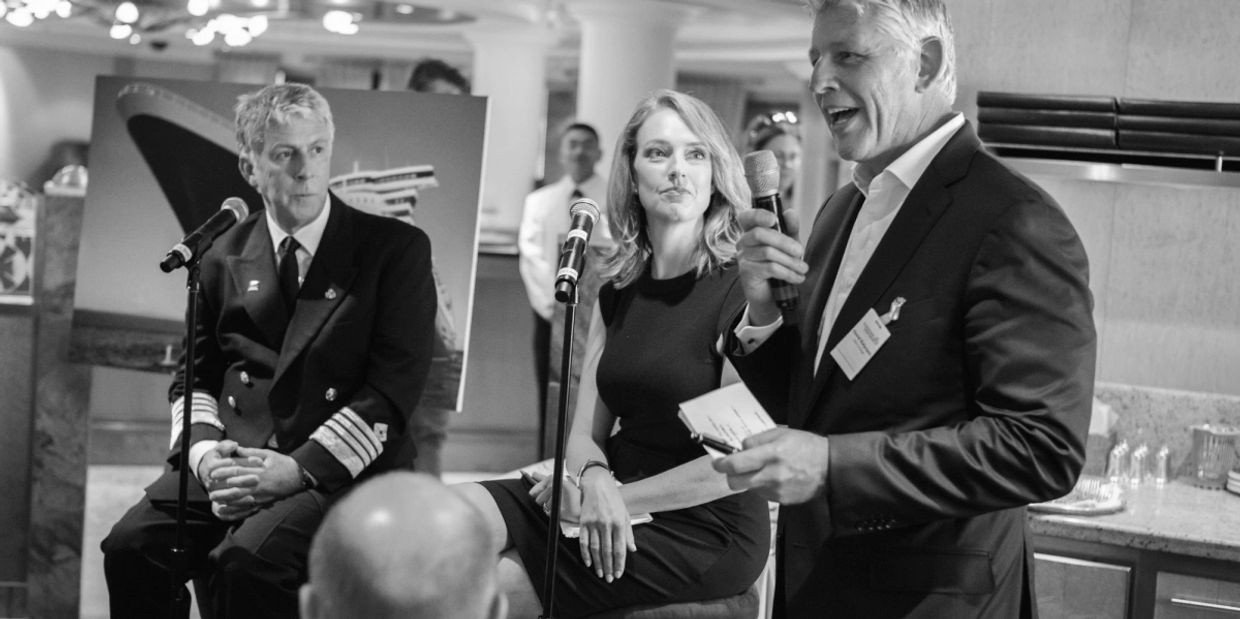 2020 Exchange clients on the Queen Mary II with Captain Kevin Oprey and Kellie Sloane MP.