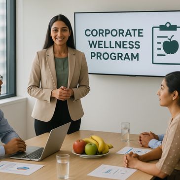 Woman presenting a corporate wellness program to colleagues in a meeting room.