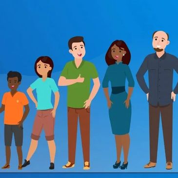 A diverse group of five people standing against a blue background.