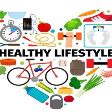 Illustration promoting healthy lifestyle with exercise, nutrition, and wellness icons.
