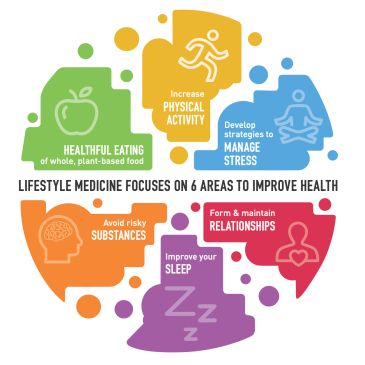 Infographic on 6 lifestyle medicine areas for better health.