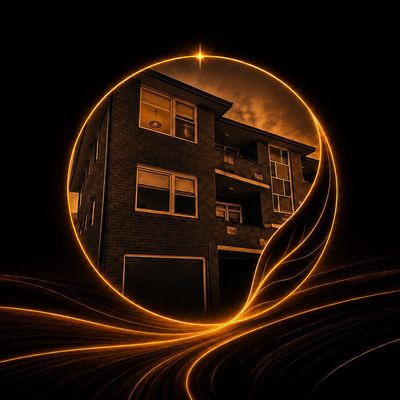 A glowing circular frame highlights a building against a dark background.
