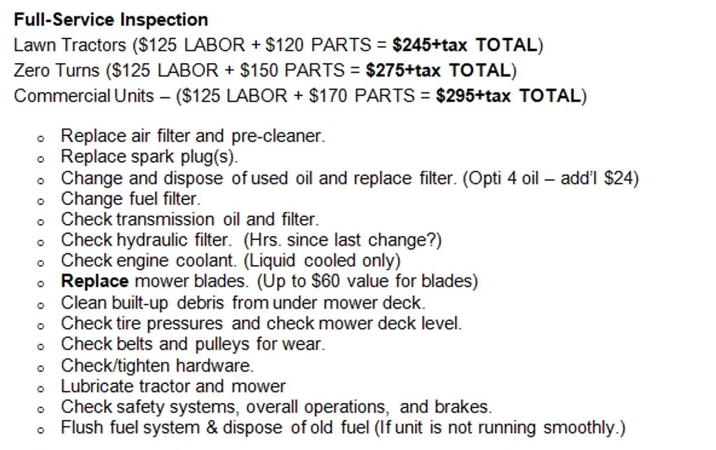 Riding lawn mower full service (tune-up)
