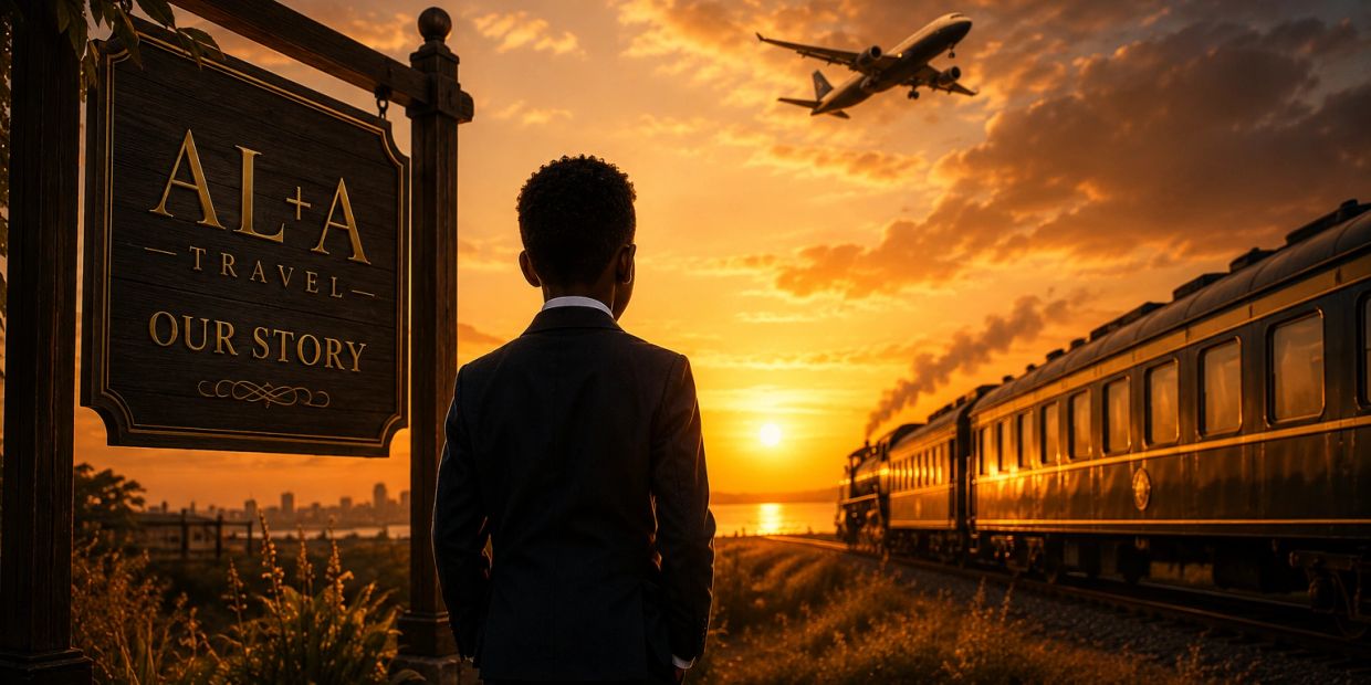 Child looks at sunset with a train and airplane nearby.