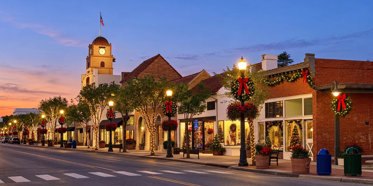 A festive town street decorated with Christmas lights and wreaths.