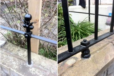 Close-up shots of black metal railings mounted on stone surfaces in garden settings.